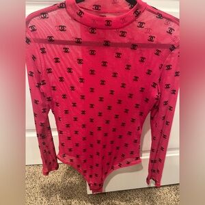 CHANEL Hot Pink Sheer CC Logo Long Sleeve Bodysuit